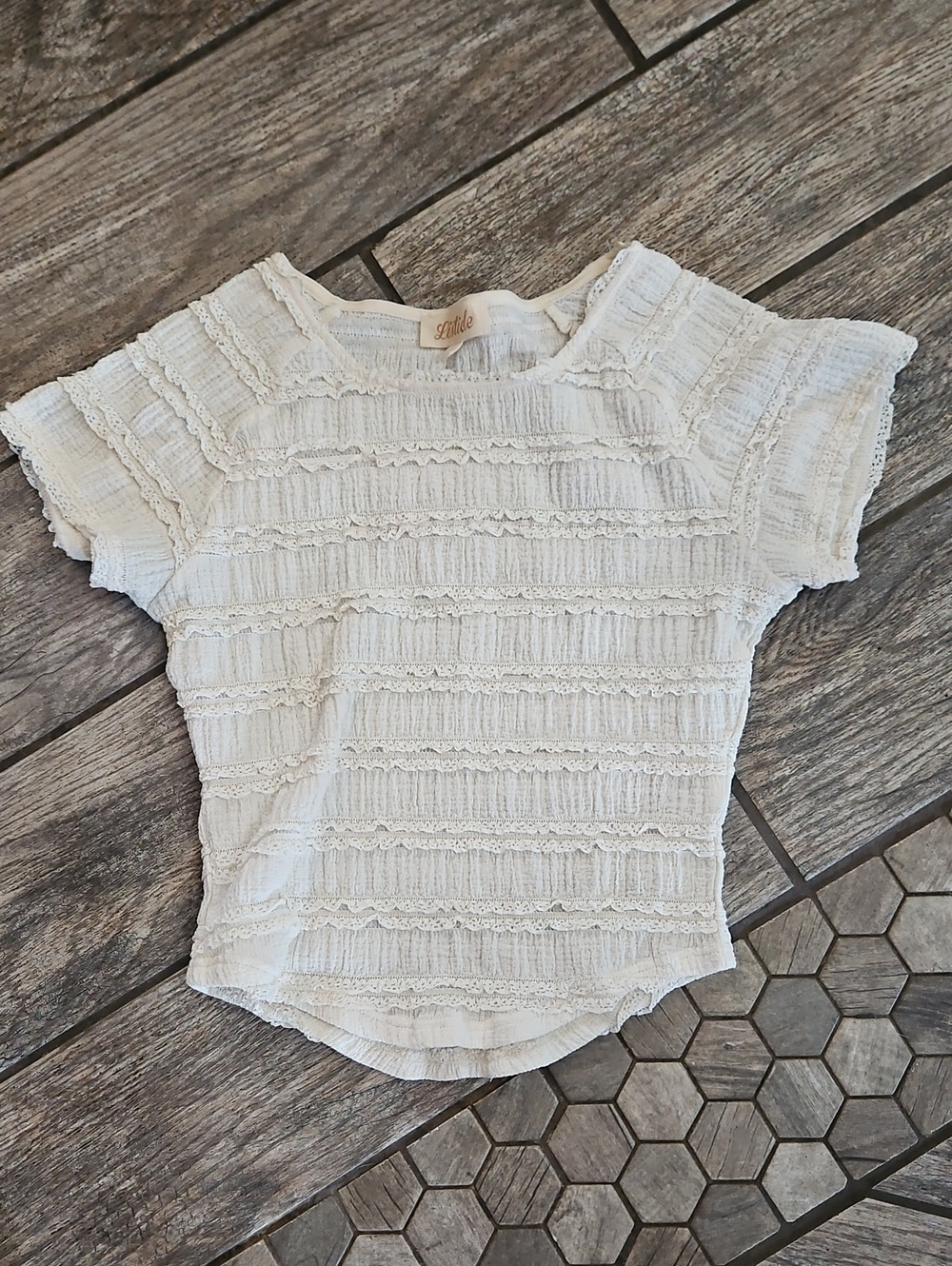 Listicle Cream Ruffled Lace Textured Knit Top